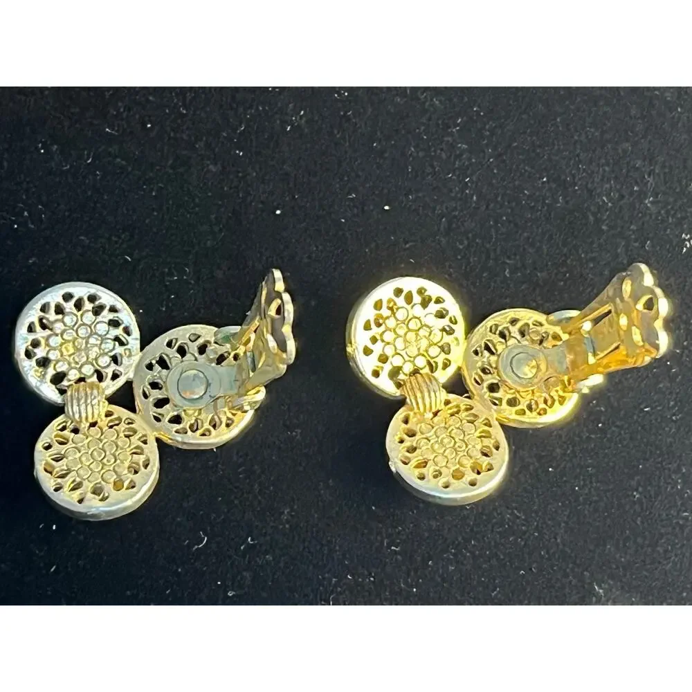 VTG Coro Clip On Earrings Gold Tone Rhinestones Three Circles Signed